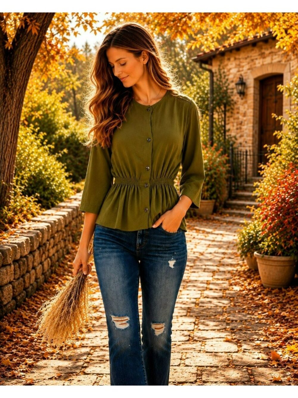 Cut Loose Button-Down Tunic Top With Elastic Womens Small Olive Green